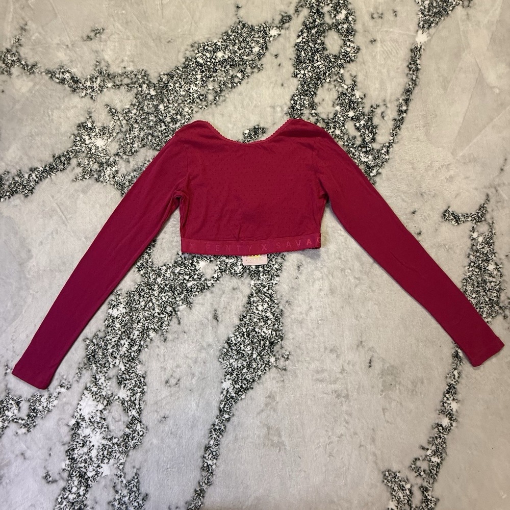 Savage X Fenty‎ Top Womens Size M Red Long Sleeve Crop Bralette Logo Band Cotton